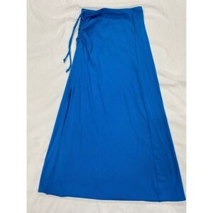 Aerie Blue Ribbed Side Slit Maxi Skirt XS Cinch Drawstring Cotton Blend bold